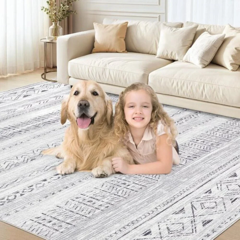 New 6x9 Grey Area Rug, Washable Moroccan Non-Slip Carpet for Home & Office Decor